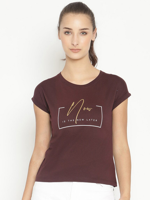 

METTLE Women Burgundy Typography Printed T-shirt