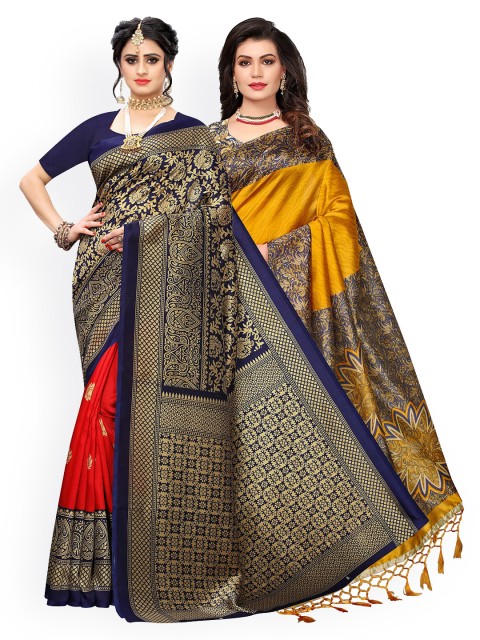 

KALINI Pack of 2 Yellow & Navy Blue Woven Design Art Silk Saree