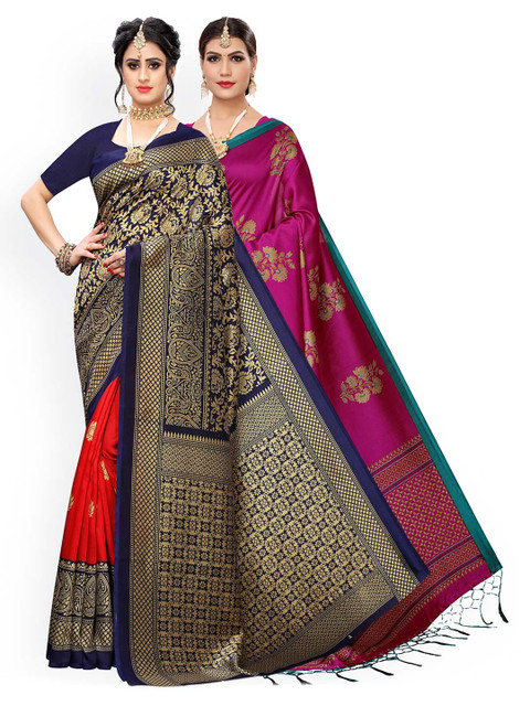 

KALINI Pack of 2 Pink & Navy Blue Woven Design Art Silk Saree