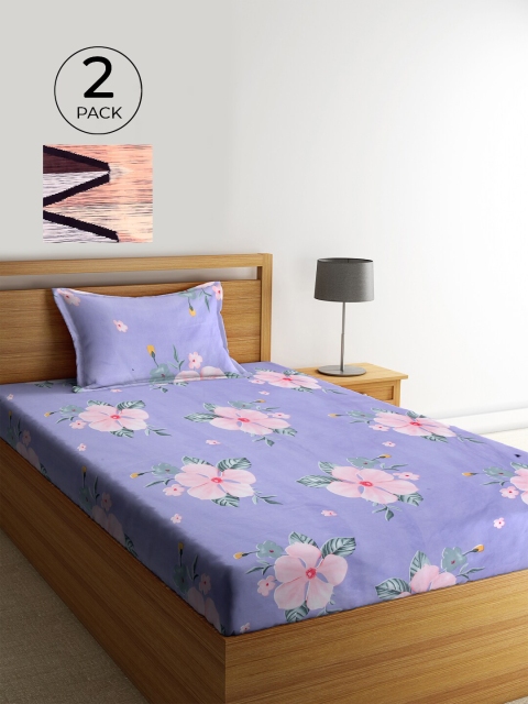 

KLOTTHE Purple & Peach-Coloured Floral 210 TC Cotton 2 Single Bedsheet with 2 Pillow Covers