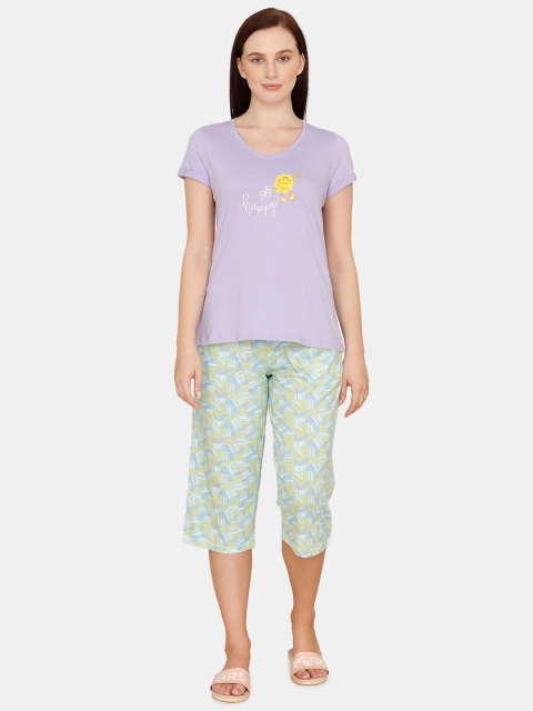 

Zivame Women Purple & Green Printed Night suit
