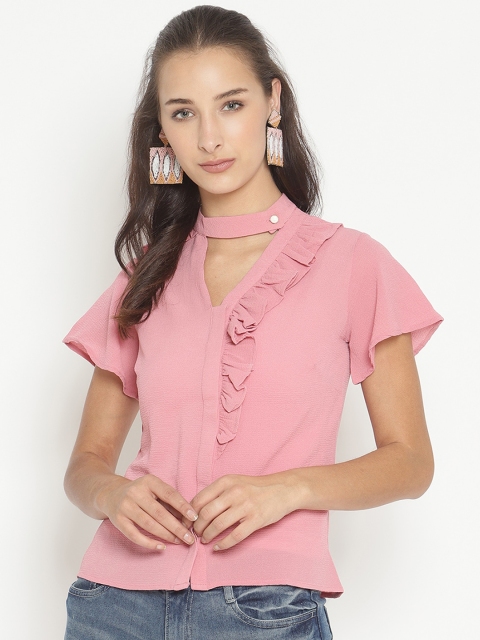 

NIXX Pink Choker Neck Flutter Sleeve Ruffles Crepe Regular Top