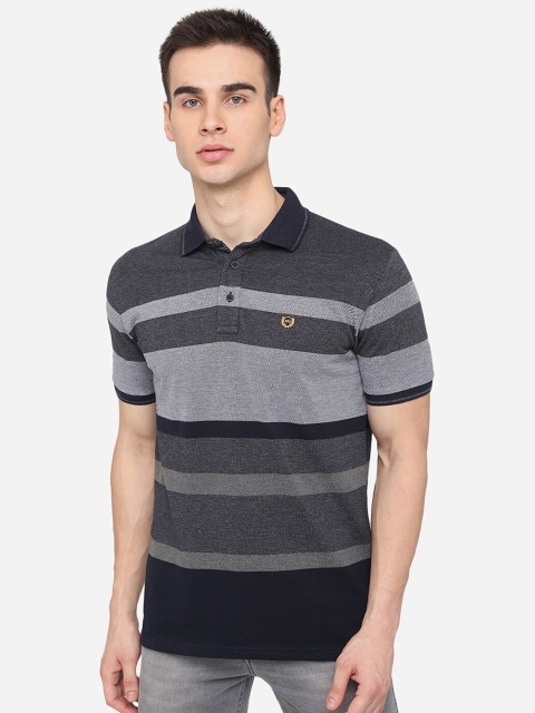 

JADE BLUE Men Grey Striped Polo Collar Slim Fit T-shirt