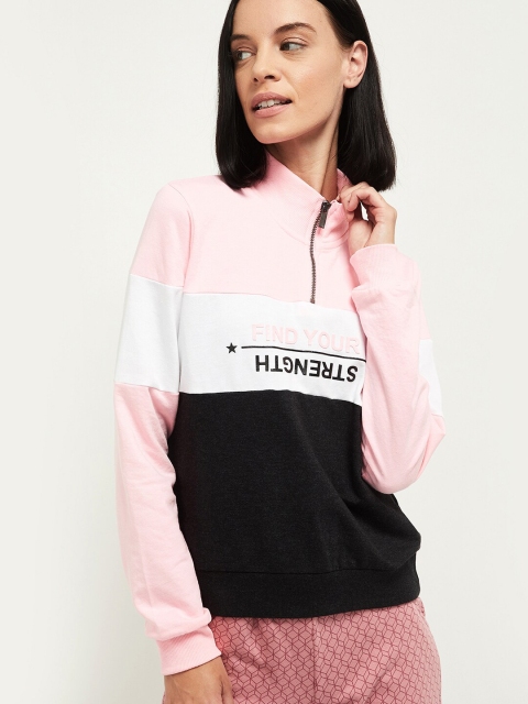 

max Women Pink & Black Colourblocked Polo Collar Drop-Shoulder Sleeves T-shirt