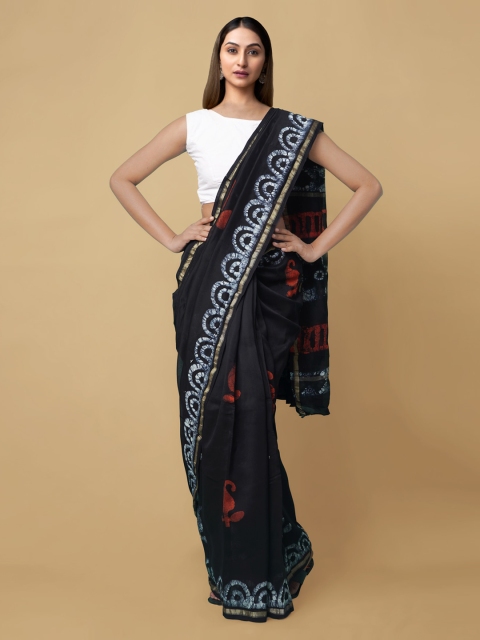

Unnati Silks Women Black Pure Batik Chanderi Sico Sustainable Saree
