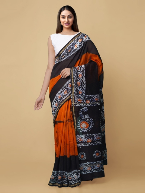 

Unnati Silks Orange Batik Silk Cotton Chanderi Saree