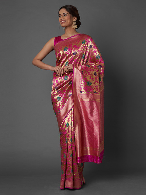 

Mitera Pink Ethnic Motifs Zari Silk Blend Banarasi Saree