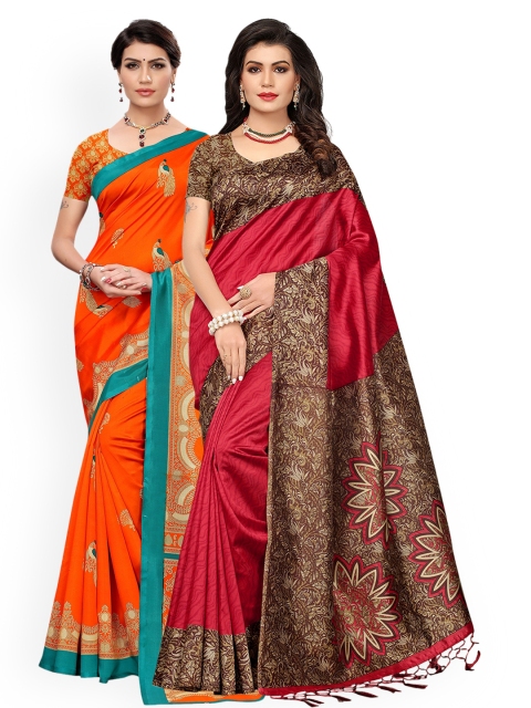 

KALINI Red Printed Pack of 2 Patchwork Art Silk Saree