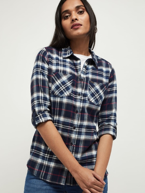 

max Women Navy Blue Tartan Checks Checked Casual Shirt