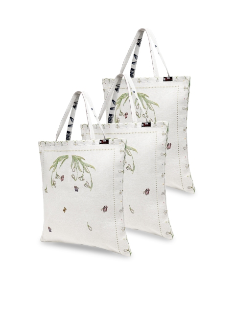 

KLOTTHE Set of 3 White Floral Jacquard Shopper Tote Bags