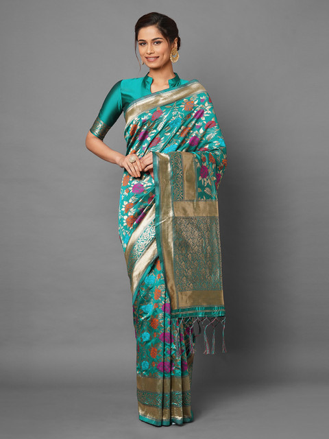 

Mitera Teal Floral Silk Blend Banarasi Saree