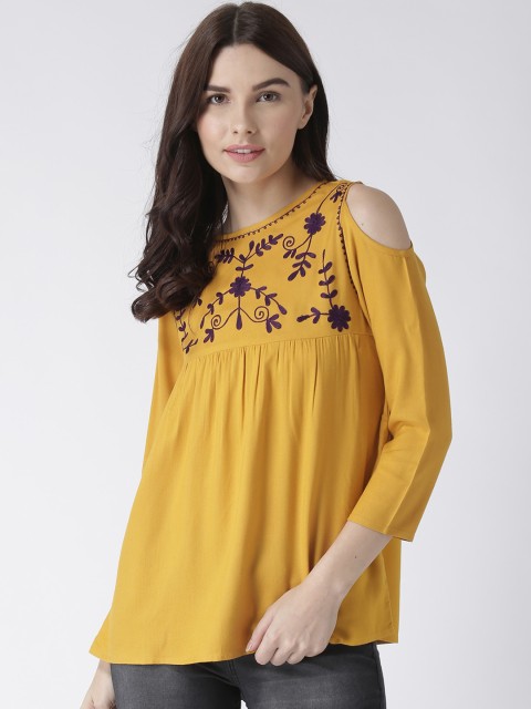 

The Vanca Yellow Floral Embroidered A-Line Top