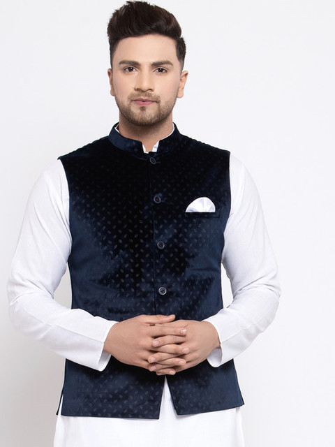 

MAXENCE Men Navy Blue Woven-Design Cotton Slim-Fit Nehru Jacket