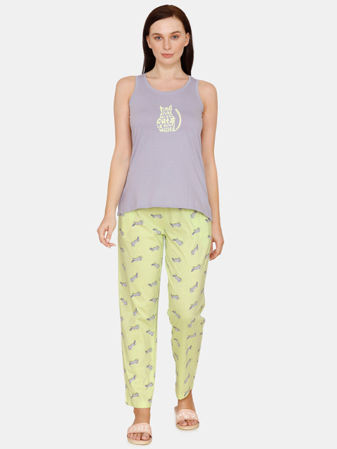 

Zivame Women Grey & Yellow Printed Pure Cotton Night Suit