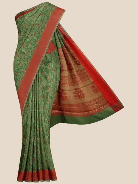 

KLM Fashion Mall Green & Orange Silk Blend Banarasi Saree