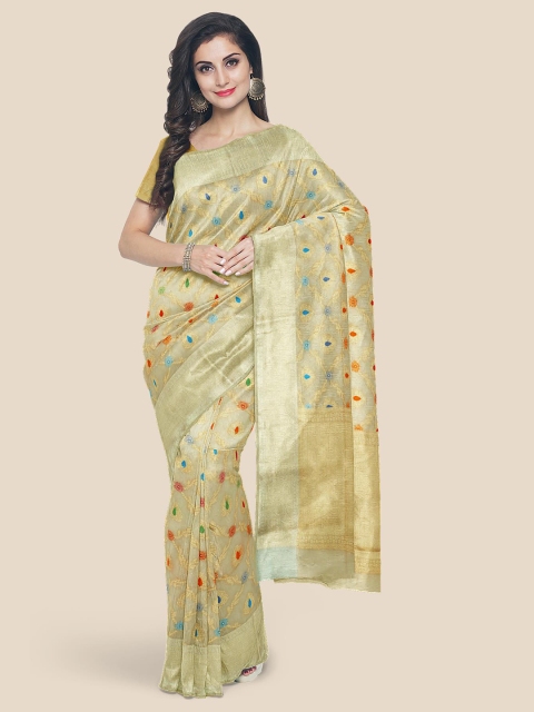 Kalamandir Cream & Orange Ethnic Motifs Zari Banarasi Saree