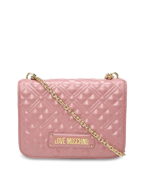 

LOVE MOSCHINO Pink Quilted Textured Structured Sling Bag With Golden Chain Strap