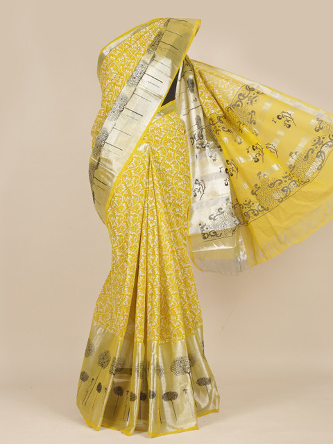 

Pothys Yellow & Cream-Coloured Floral Pure Cotton Saree
