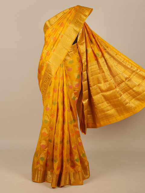 

Pothys Mustard & Gold-Toned Woven Design Zari Jute Silk Saree