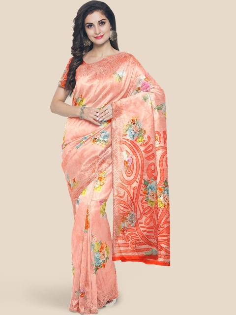 

Kalamandir Peach & Blue Floral Sequinned Silk Blend Saree