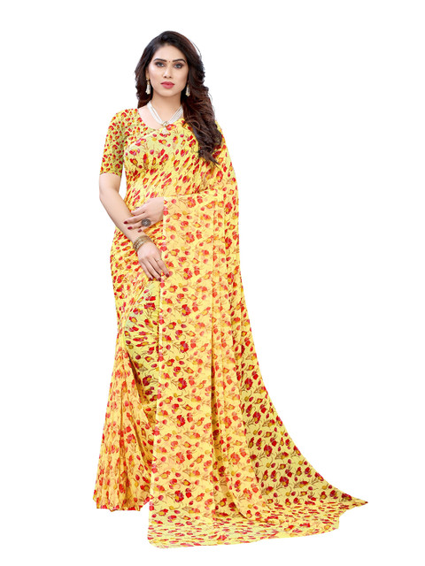 

KALINI Yellow & Red Floral Pure Chiffon Saree