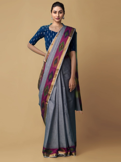 

Unnati Silks Grey & Violet Zari Pure Cotton Sambalpuri Handloom Saree
