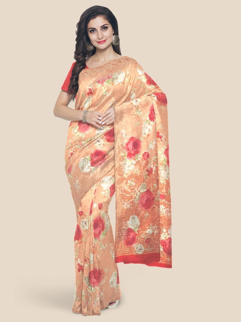 

Kalamandir Orange & Red Floral Beads and Stones Silk Blend Saree