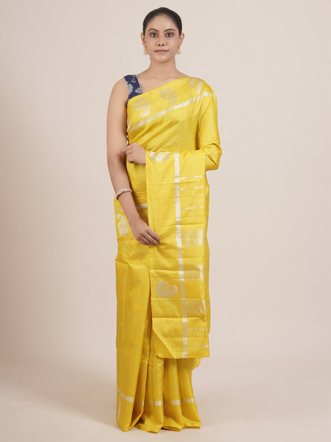 

Pothys Yellow & Silver-Toned Zari Pure Silk Kanjeevaram Saree
