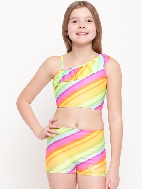

iO Girls Pink & Green Striped Rainbow Tankini Swimwear