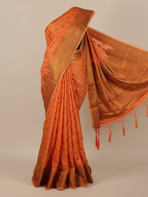 

Pothys Peach & Gold-Toned Woven Design Zari Jute Silk Saree