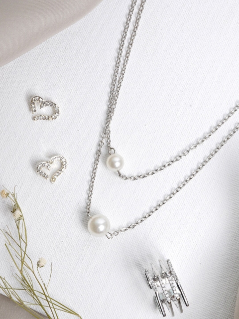 

JOKER & WITCH Silver-Toned White Stone-Studded & Beaded Jewellery Set