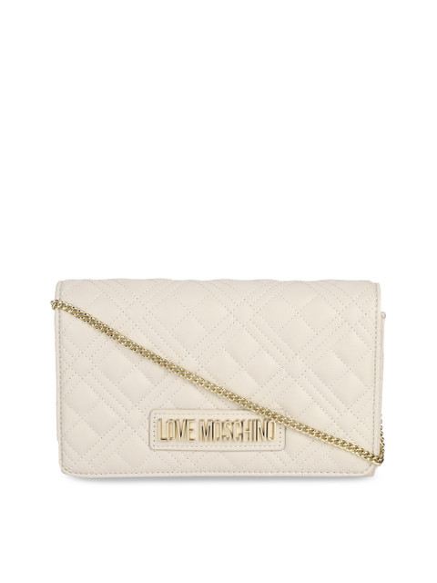 

LOVE MOSCHINO Cream Textured Structured Quilted Sling Bag