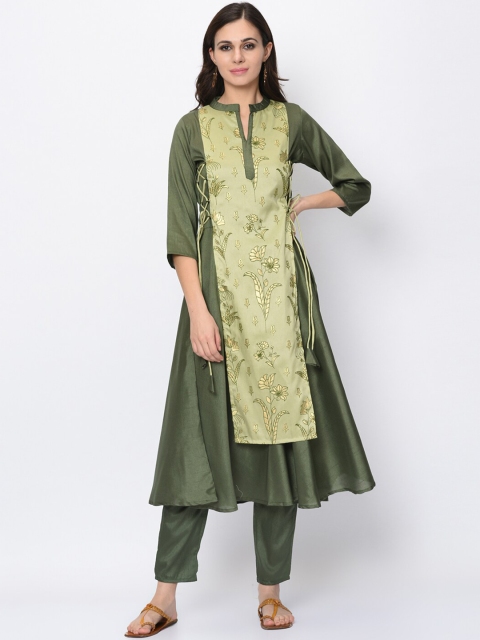

ZIYAA Women Green Floral Embroidered Layered Kurta with Trousers
