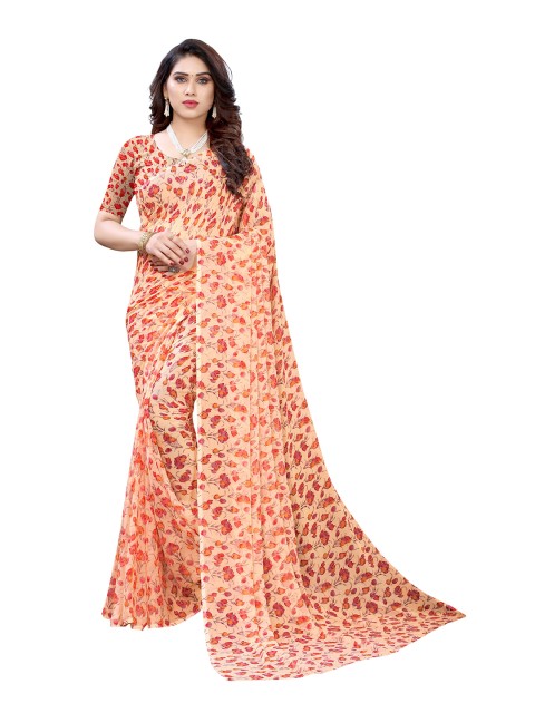 

KALINI Peach & Pink Floral Pure Chiffon Saree
