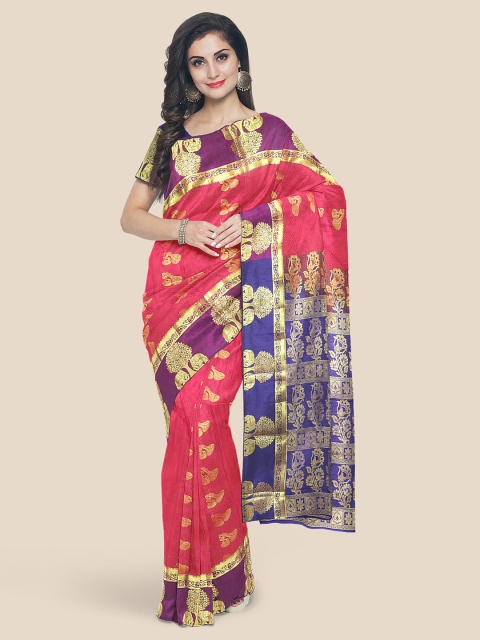 

Kalamandir Pink & Blue Ethnic Motifs Zari Silk Blend Kanjeevaram Saree