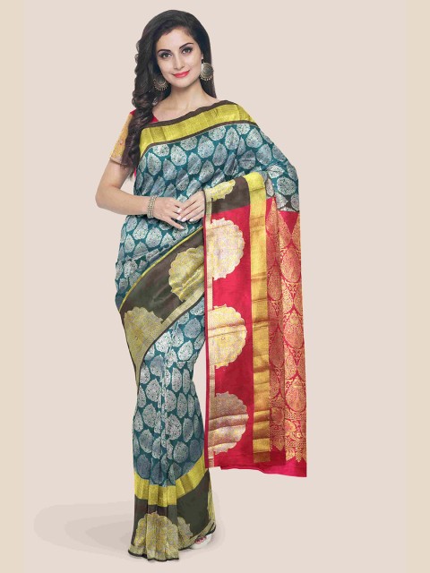 

Kalamandir Blue & Red Woven Design Zari Silk Blend Kanjeevaram Saree