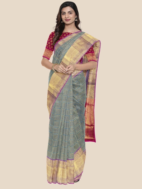 

Kalamandir Grey & Rose Gold Woven Design Zari Silk Blend Banarasi Saree