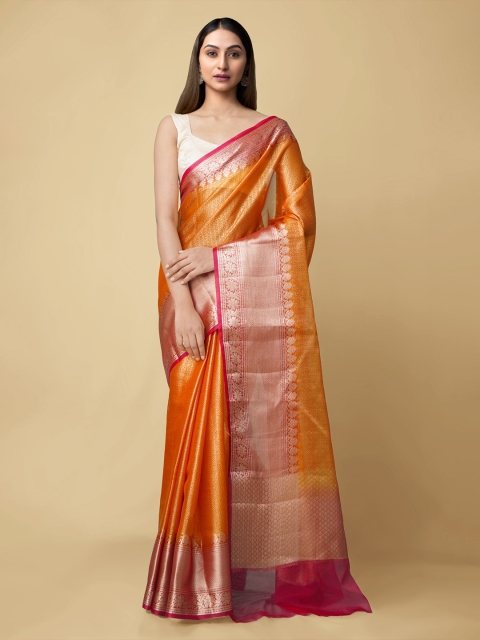 

Unnati Silks Orange & Pink Woven Design Zari Silk Cotton Banarasi Saree