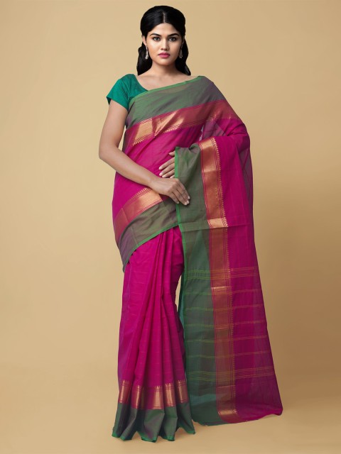 

Unnati Silks Pink & Green Woven Design Handloom Pure Cotton Sustainable Uppada Saree