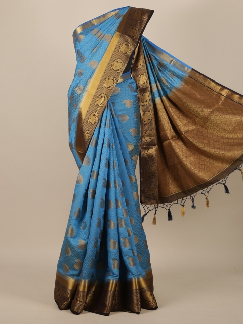 

Pothys Blue & Gold-Toned Woven Design Zari Jute Silk Saree