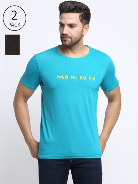 

VIMAL JONNEY Men Pack of 2 Turquoise Blue & Black Typography Printed T-shirt
