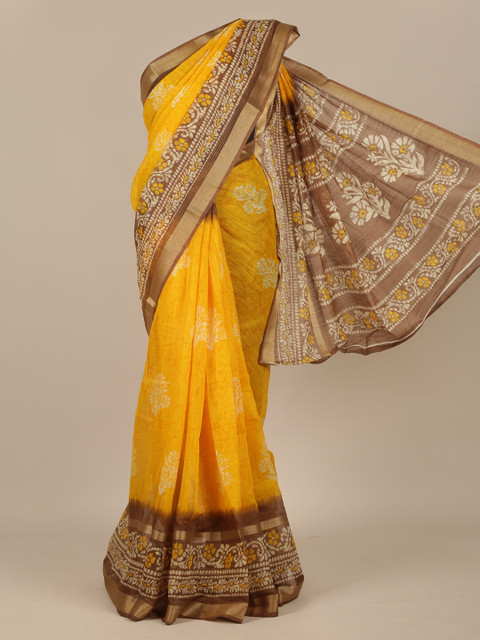 

Pothys Yellow & Brown Floral Zari Cotton Blend Saree