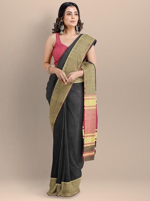 

BharatSthali Black & Yellow Silk Cotton Mangalagiri Handloom Saree