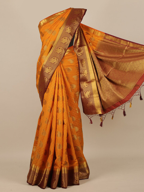 

Pothys Mustard Yellow & Brown Woven Design Zari Jute Silk Saree
