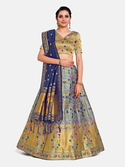 

MIMOSA Women Gold-Toned & Navy Blue Semi-Stitched Lehenga & Unstitched Blouse With Dupatta