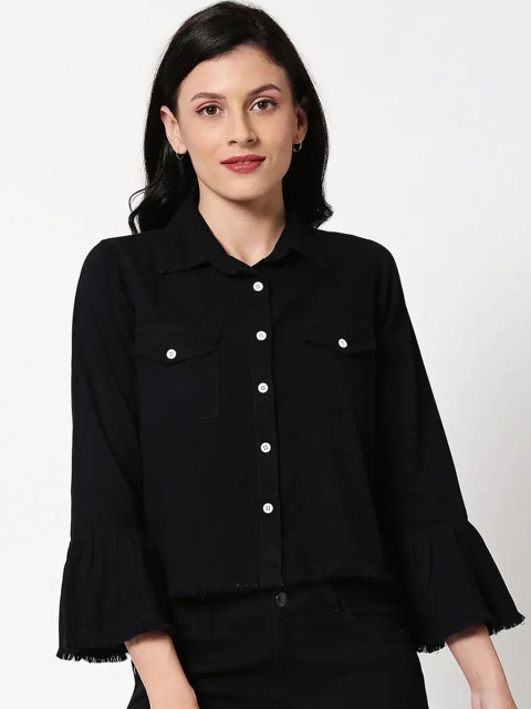 

Bewakoof Women Black Lightweight Tailored Raw Edge Denim Jacket