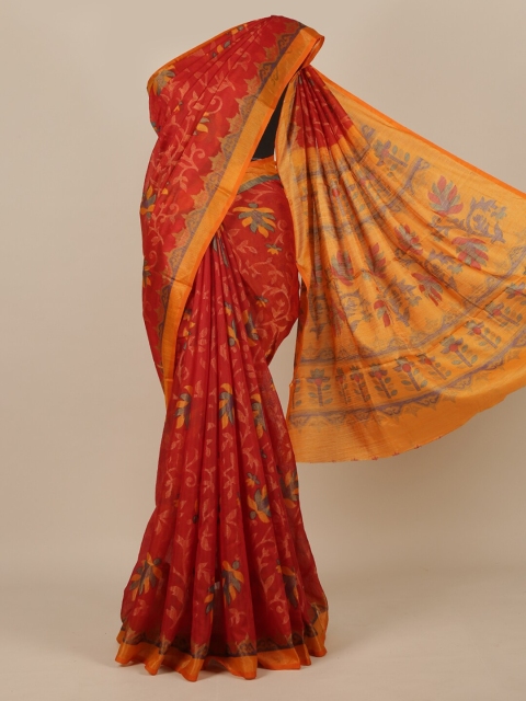 

Pothys Red & Yellow Floral Zari Jute Silk Saree