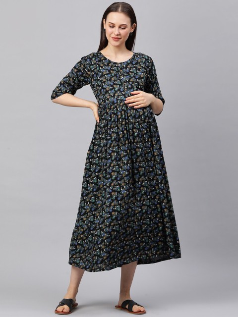 

MomToBe Black Floral A-Line Midi Maternity Nursing Dress