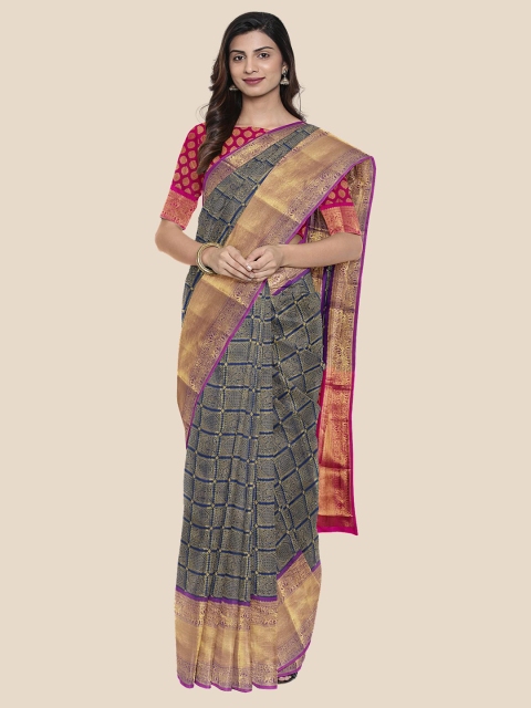 

Kalamandir Navy Blue & Pink Checked Zari Silk Blend Banarasi Saree