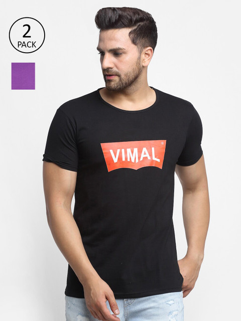 

VIMAL JONNEY Men Pack of 2 Black & Purple Printed Cotton T-shirts